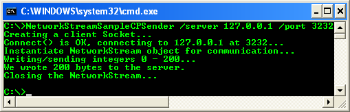 C++/CLI NetworkStream Example – Sender Program output sample