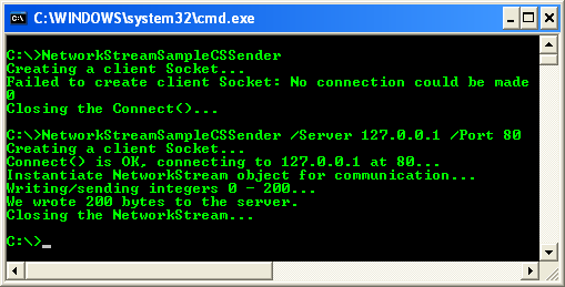 C# NetworkStream Example – Sender Program - sample sender/client output