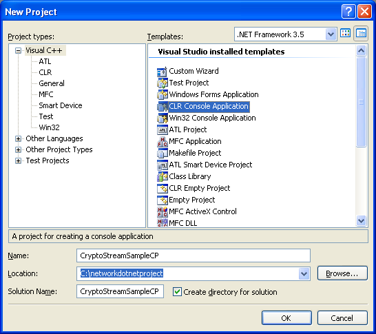 C++ CryptoStream Example - CLR console application project creation