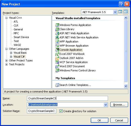 C# CryptoStream Example - console mode application project creation