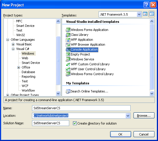 C# SSLStream Server Example - console mode application project creation