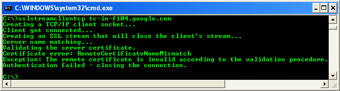 C++ SSLStream Client Example - output sample with invalid certificate