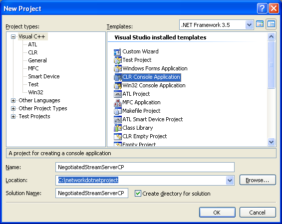 C++ NegotiateStream Server Example - new CLR console project creation