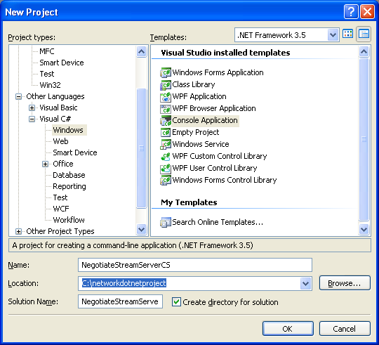 C# NegotiateStream Server Example -a new console mode project creation