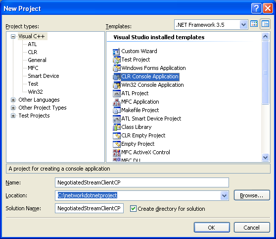 C++ NegotiateStream Client Example - a new CLR console application project creation