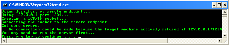 C++ NegotiateStream Client Example - a sample output when run from the command prompt