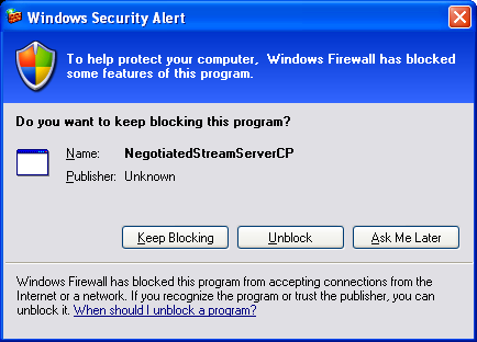 C++ NegotiateStream Client Example - Windows Security alert box