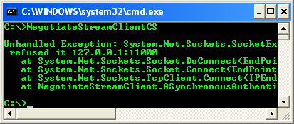 C# NegotiateStream Client Example - a sample console mode application output with thrown exception