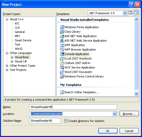 VB .NET StreamReader and StreamWriter Example - a new console application project creation