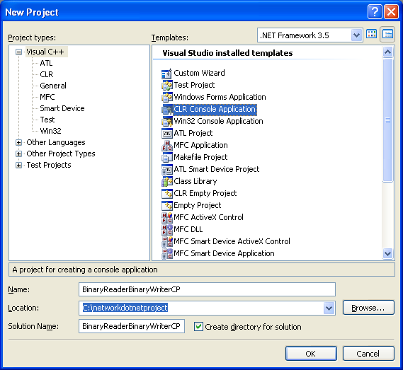 C++ BinaryReader and BinaryWriter Example - CLR console application new project creation