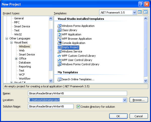 VB .NET BinaryReader and BinaryWriter Example - an empty new project creation
