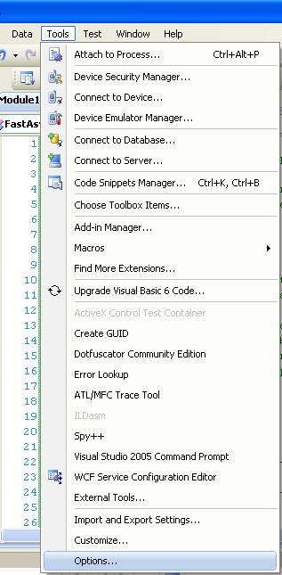 Enabling the Visual Studio Editor Line Numbers: invoking the Visual Studio Options page