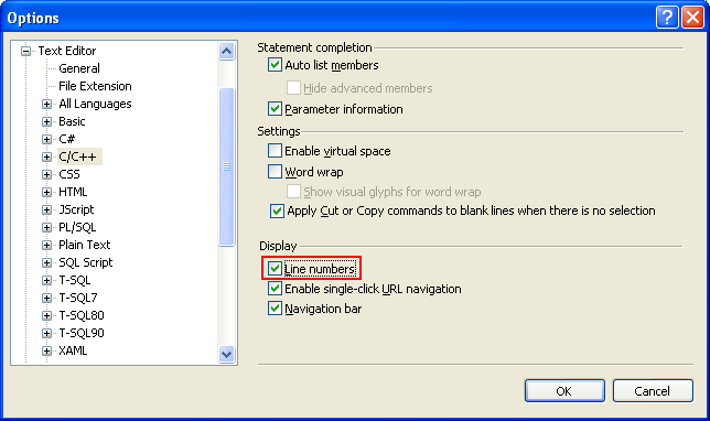 Enabling the Visual Studio Editor Line Numbers: enabling the line number for C/C++ only