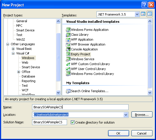 C# Binary SOAP Program Example - a new empty project creation