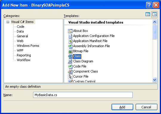 C# Binary SOAP Program Example - add new class to the existing project