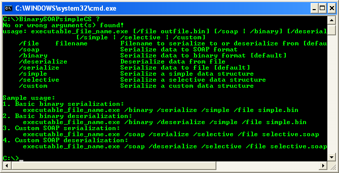 C# Binary SOAP Program Example - a sample output without any arguments