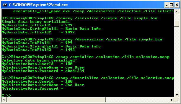 C# Binary SOAP Program Example - sample outputs with different argument values