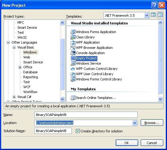 VB .NET Binary SOAP Program Example - creating a new empty project using VS 2008