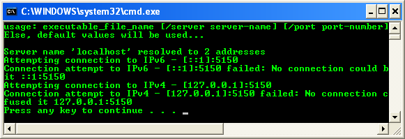 C++ Binary Socket Client Program Example - sample output with default argument values
