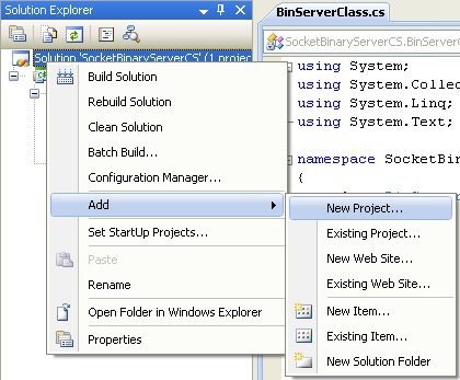C# Binary Socket Server Program Example - invoking the Add new project page
