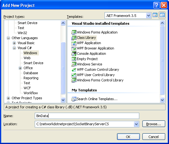 C# Binary Socket Server Program Example - adding new class library project into existing project