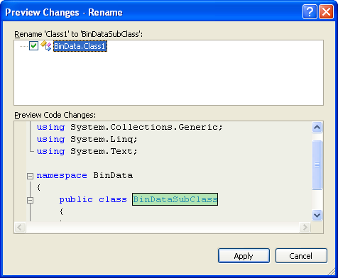 C# Binary Socket Server Program Example - the preview page of the class renaming process