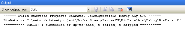 C# Binary Socket Server Program Example - output messages as seen in the Visual Studio 2008 Output window