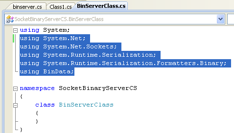 C# Binary Socket Server Program Example - adding the using directives