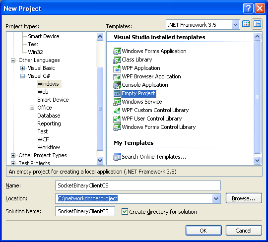 C# Binary Client Socket Program Example - The client program - creating a new empty project