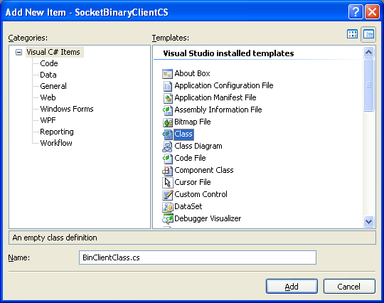 C# Binary Client Socket Program Example - The client program - adding a new class template to the existing project