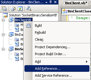VB .NET: The Binary Client Socket project - invoking the Add Reference page