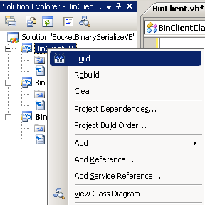 VB .NET: The Binary Client Socket project - invoking the Build command through the context menu