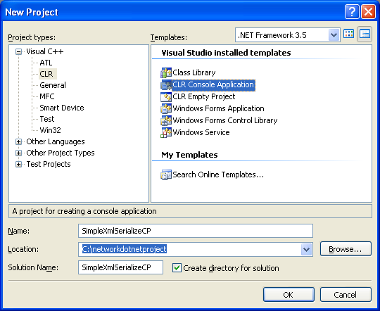 C++ XML Serialization Program Example - creating a new CLR console application project
