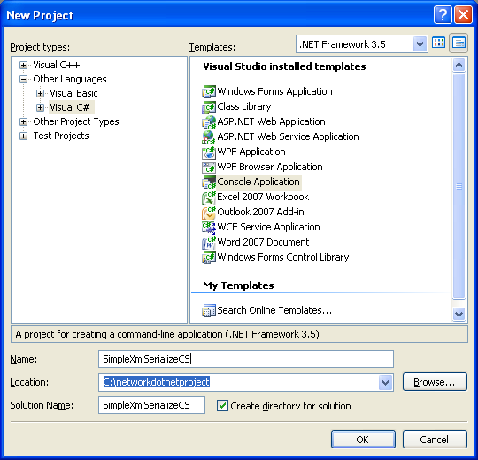 C# XML Serialization Program Example - creating a new console application project in Visual Studio 2008