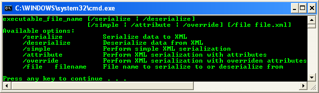 Another C++ XML Serialization Program Example - running the project with default argument values