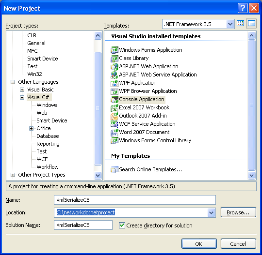 Another C# XML Serialization Program Example - creating a new console application project