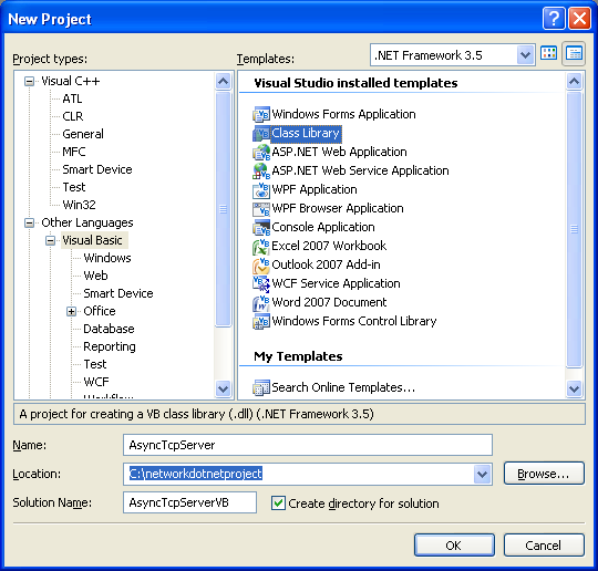 VB .NET Asynchronous Server Program Example - a new class library project creation using the VS 2008