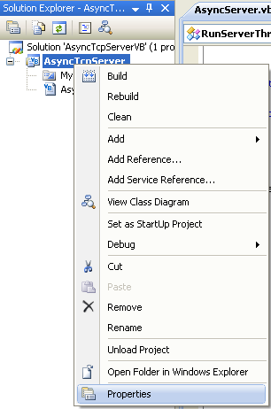 VB .NET Asynchronous Server Program Example - invoking the Project's property page