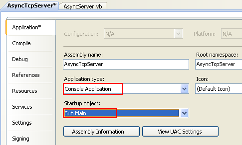 VB .NET Asynchronous Server Program Example - Changing the Application type: to Console Application and the Startup object: to Main() subroutine