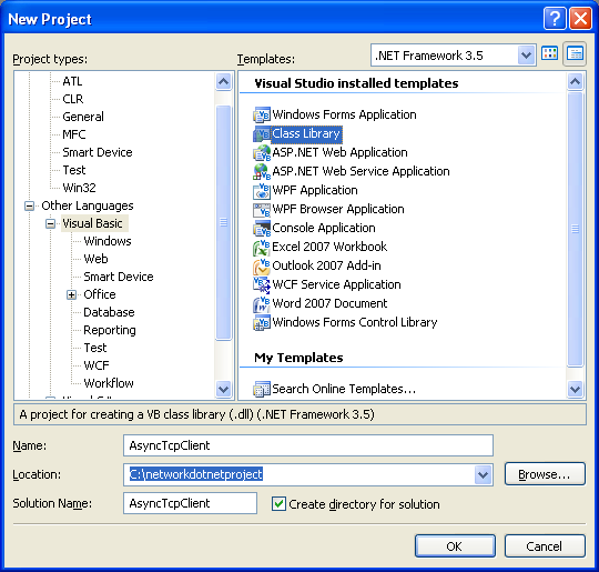 VB .NET Asynchronous Client Program Example - creating a new class library project in Visual Studio 2008 IDE