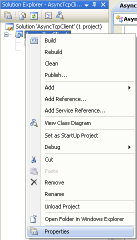 VB .NET Asynchronous Client Program Example - invoking the project's property page