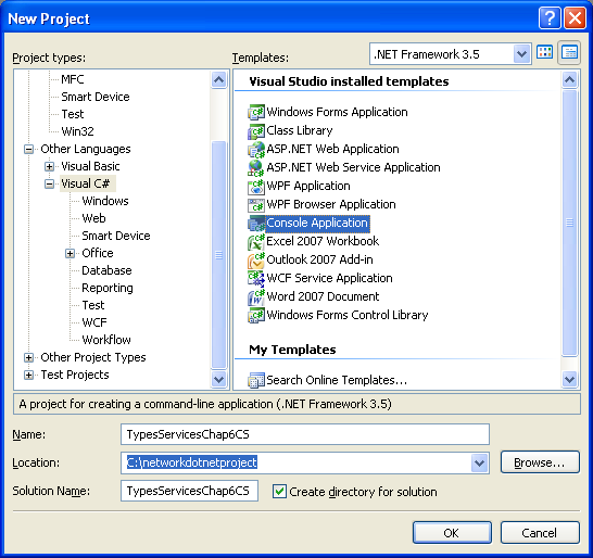 C# Services and Types Program Example - creating a new console application project