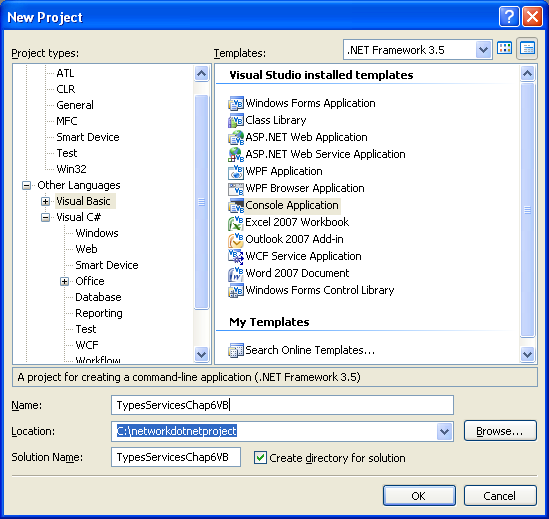 VB .NET Services and Types Program Example - creating a new console application project