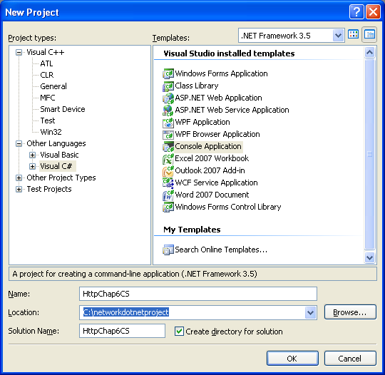 C# HTTP Protocol Program Example - a new console application project creation