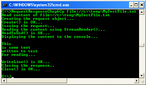 C++ Request and Response Program Example - a sample output reading the local text file