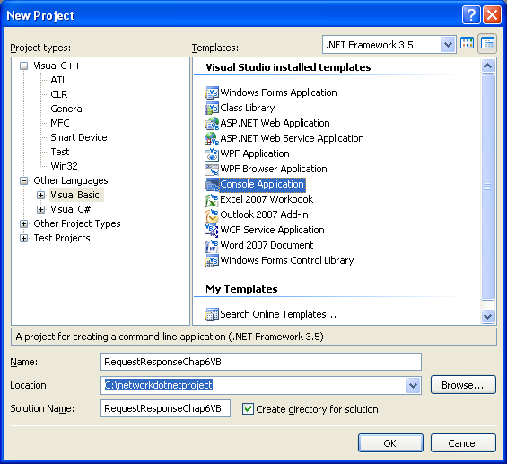 VB .NET Request and Response Program Example - a new console mode application project creation
