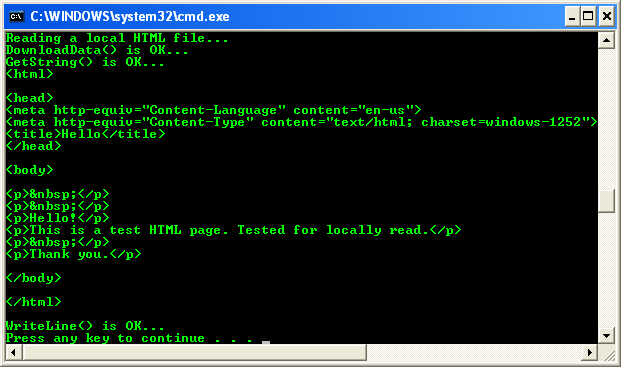 C# Request and Response Web Client Program Example - a sample output, reading a local html file