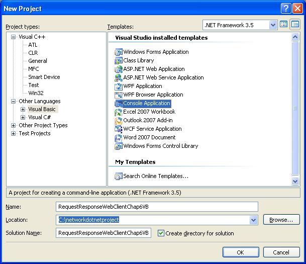 VB .NET Request and Response Web Client Program Example - a new console application project creation in Visual Studio 2008