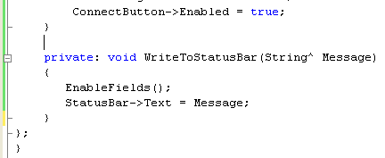 C++ WinForm Program Example - adding code for the WriteToStatusBar() method