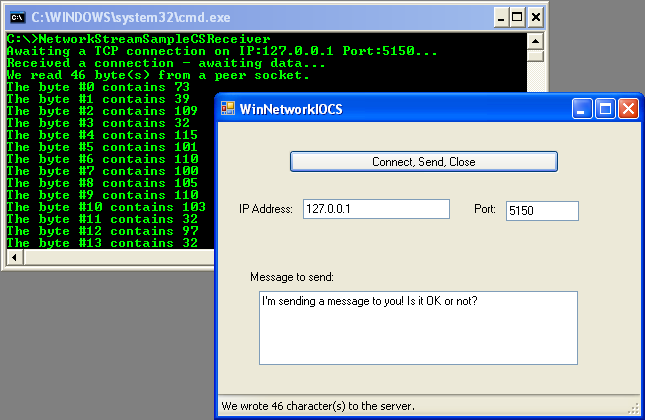 C# WinForm Program Example - running the WinForm program by sending some messages. The sent byte can be seen in the receiver screen